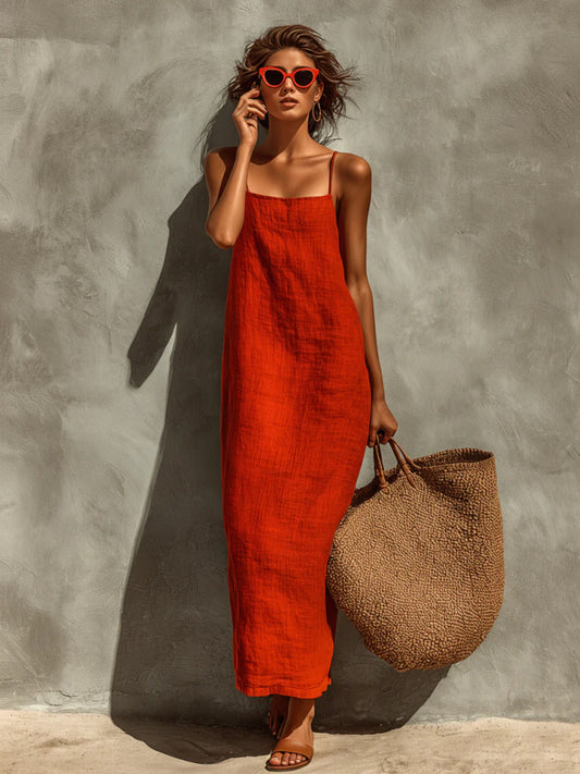 polyester Strap Square Neckline Bohemian Resort Style Dress
